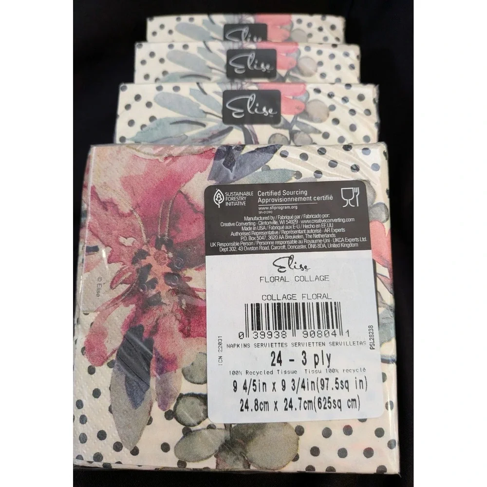 LOT OF 4 SETS Elise Floral Collage Napkins Cocktail,‎ Guest Towl & Dinner Napkin